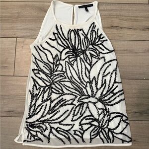 White House Black Market White Sleeveless Blouse with Black Floral Beading
